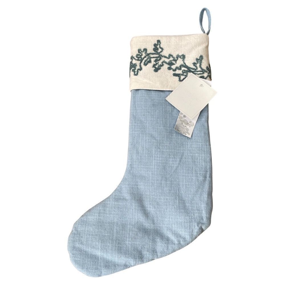 Shabby Chic Blue Slub Embroidered Cuff Lined Holiday Stocking NWT
